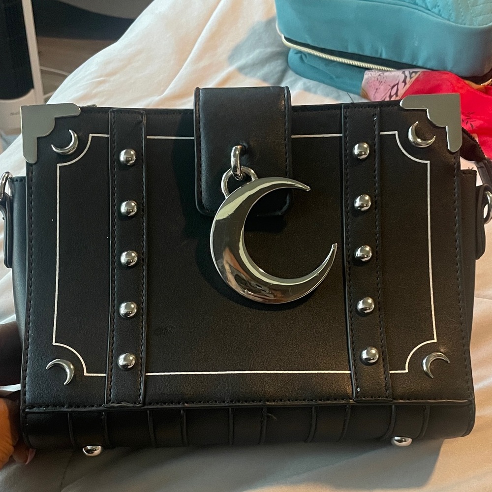 Killstar Black Crossbody with Silver Crescent Charm and Stud Accents
